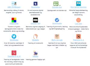 Oversigt over digitale læringsmidler og læringsportaler som Bookbites, Danske dyr, Grammatip, Skoletube og Villeby